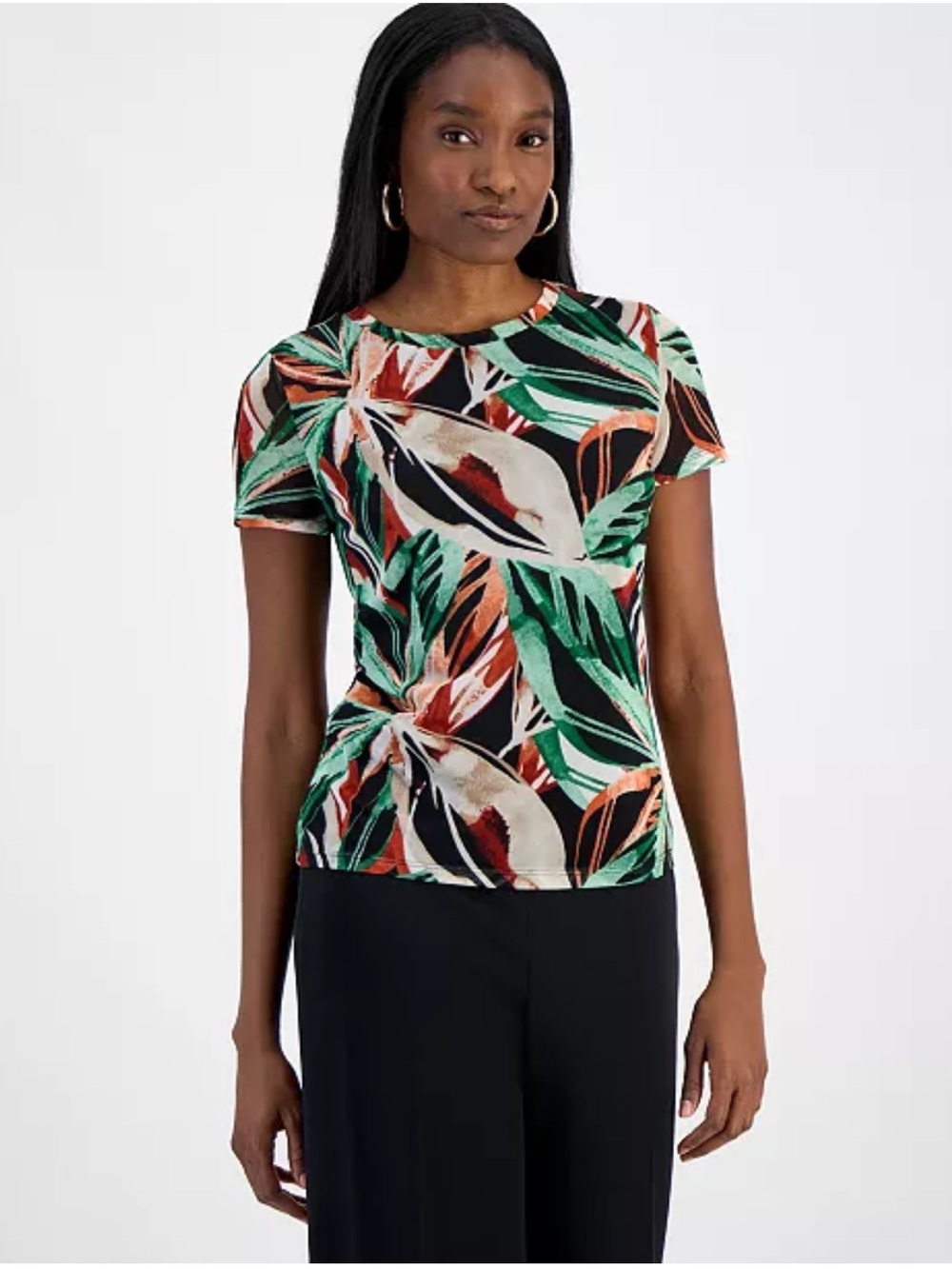 Bar III Black Tropical Leaf Print Short Sleeve Mesh Top